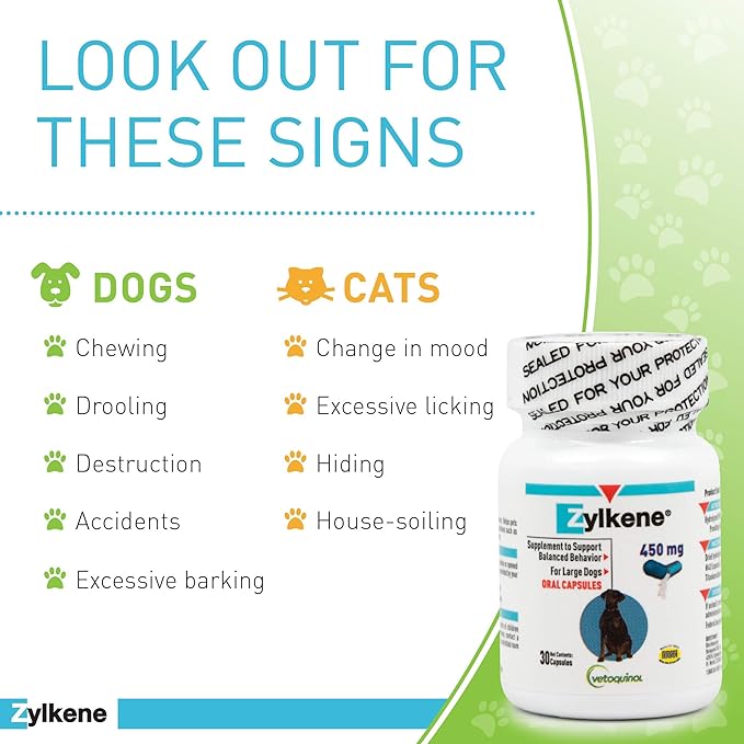 Vetoquinol Zylkene Calming Support Supplement for Large Dogs 33-132lbs, Helps Promote Relaxation and Reduce External Stress Factors, Daily Behavioral Support and Anxiety Relief for Dogs, 450mg