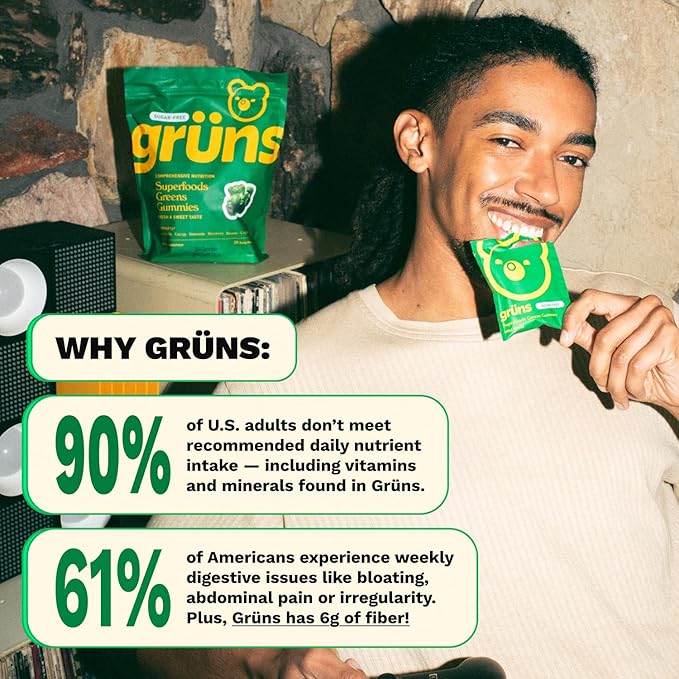 Gruns Sugar-Free Super Greens Gummies, Multivitamin Superfood Gummy Bears, Spirulina, Chlorella, Prebiotics & Fiber gummies for Digestive Health, Adaptogens Supplement, 20 Vitamins & Minerals, 10 pack