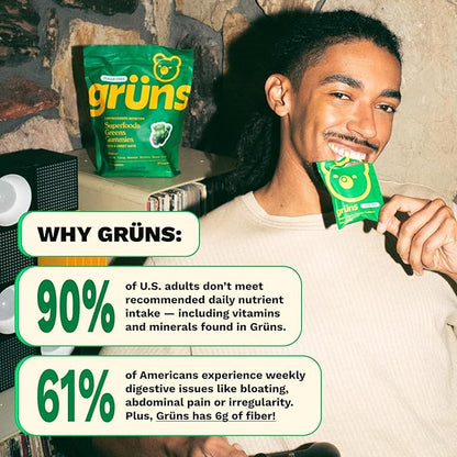 Gruns Adult Super Greens Multivitamin Gummies, Superfood Gummy Vitamins for Women and Men with Spirulina, Chlorella, Adaptogens & Prebiotic Fiber for Digestive Health (28 Count) (Pack of 2)