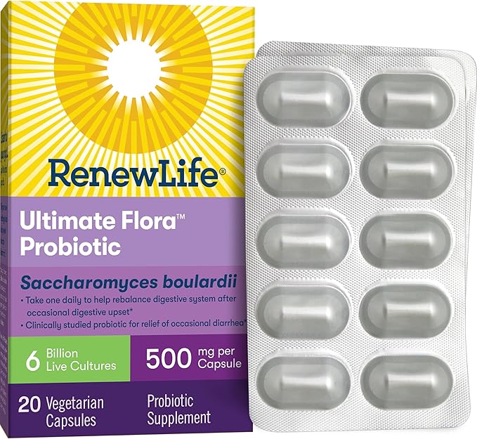 Renew Life Ultimate Flora Probiotic Capsules, Daily Supplement Relieves Occasional Digestive Upset and Diarrhea, Saccharomyces Boulardii, Dairy, Soy and gluten-free, 6 Billion CFU, 20 Count