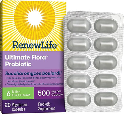 Renew Life Ultimate Flora Probiotic Capsules, Daily Supplement Relieves Occasional Digestive Upset and Diarrhea, Saccharomyces Boulardii, Dairy, Soy and gluten-free, 6 Billion CFU, 20 Count