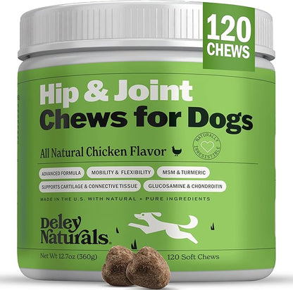 Deley Naturals Hip and Joint Supplement for Dogs - Glucosamine Chondroitin MSM & Collagen for Dogs - Dog Joint Supplement, Smaller Chews, Low Calories, Same Ingredients - 120 Chicken Flavor Chews