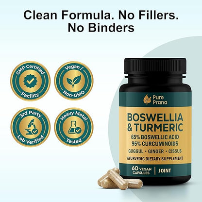 Pure Prana Boswellia Serrata & Turmeric Curcumin Supplement with Guggul, Ginger & Cissus – Supports Joint Comfort & Mobility – 95% Curcuminoids – Vegan, Non-GMO – 60 Capsules