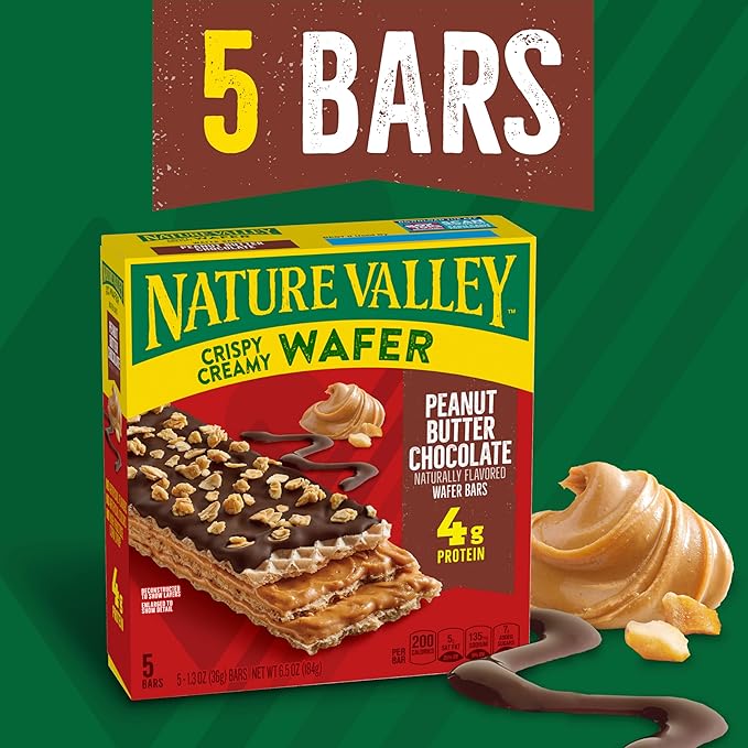 Nature Valley Crispy Creamy Wafer Bars, Peanut Butter Chocolate, 4g Protein, 5 Bars, 6.5 oz