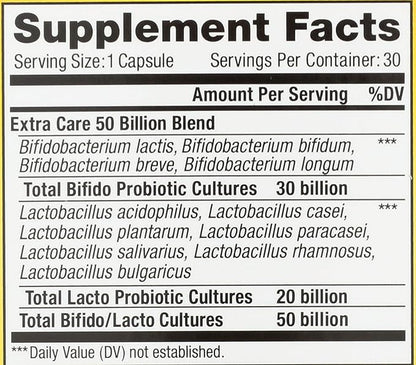 Renew Life Extra Care Digestive Probiotic Capsules, 50 Billion CFU Guaranteed, Daily Supplement Supports Immune, Digestive, Respiratory Health(1), L. Rhamnosus GG, Dairy, Soy and Gluten-Free, 30 Count
