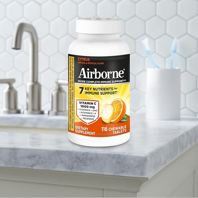 Airborne Vitamin C 1000mg (per Serving) - Citrus Chewable Tablets (116 Count in a Bottle), Gluten-Free Immune Support Supplement, with Vitamins A C E, Zinc, Selenium, Echinacea, Ginger, Antioxidants