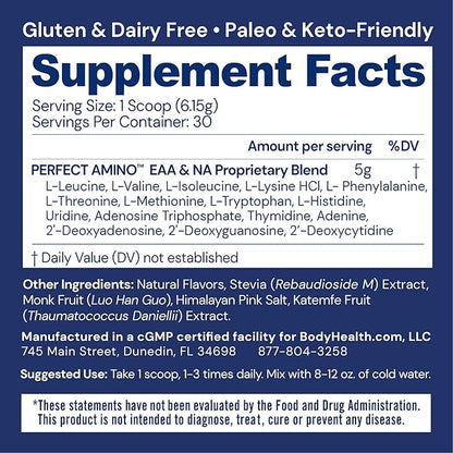 BodyHealth PerfectAmino Powder - BCAA and EAA Powder for Pre and Post Workout - Amino Acid Energy Drink for Men and Women to Support Lean Muscle and Recovery - Chocolate - 30 Servings