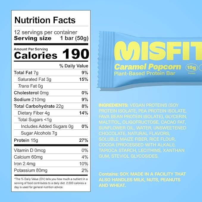 Misfits Vegan Protein Bars - Sweet & Salty Caramel Popcorn | Nutrition Bars - 15g Protein, 1g Sugar, Plant-based, Low Carb, Non-GMO, Gluten Free Snacks | Pack of 12