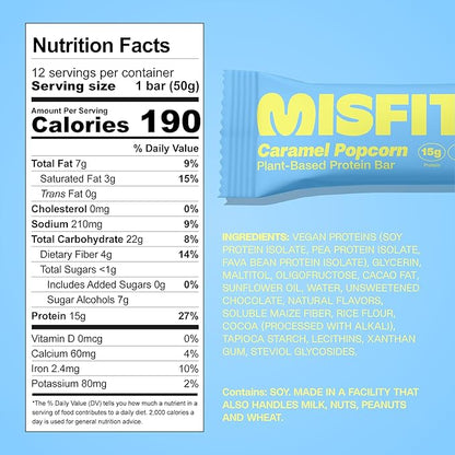 Misfits Vegan Protein Bars - Sweet & Salty Caramel Popcorn | Nutrition Bars - 15g Protein, 1g Sugar, Plant-based, Low Carb, Non-GMO, Gluten Free Snacks | Pack of 12