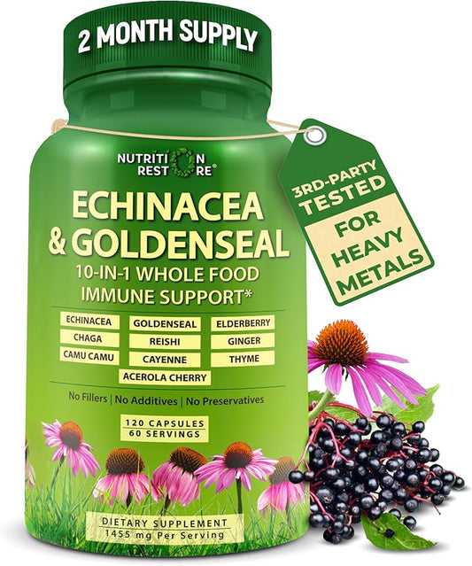 Echinacea Goldenseal Capsules - 10 in 1 Immune Support Supplement - 1455mg - Vegan Echinacea Capsules Supplement Made With Organic Whole Foods - Herbal Immune System Support - 2 Month Supply