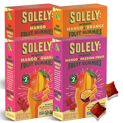 SOLELY - Organic Mango Whole Fruit Gummies Variety Pack (4 Flavors, 5 Bags per Box) - Real Fresh Fruit - Healthy Snacks for Adults & Kids - Non GMO, Vegan Snacks, Shelf Stable - 20 Bags (3.5 oz)