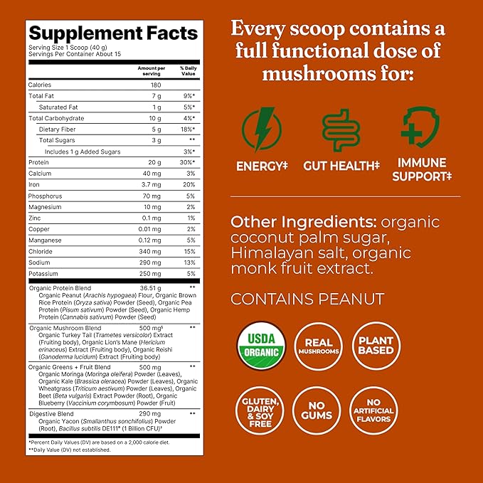 Four Sigmatic Organic Plant-Based Protein Powder | Clean Vegan Protein Elevated with Lion’s Mane, Chaga, Cordyceps and More for Brain Function and Immune Support | Peanut Butter, 21.16 oz