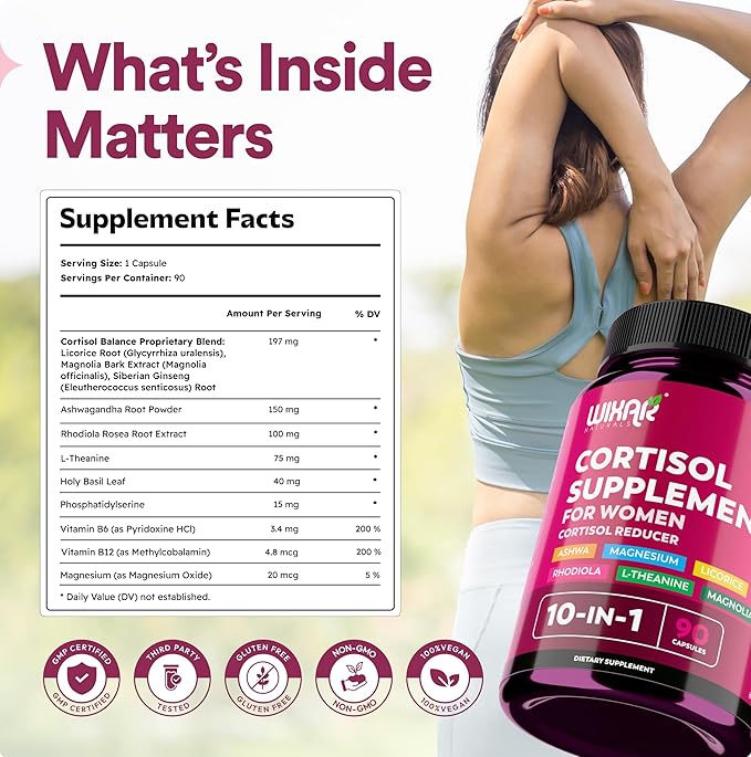 WIXAR Cortisol Supplements for Women with Ashwagandha, Magnesium, L-Theanine, Rhodiola Rosea - for High Cortisol Balanace Manager - for Sleep Support, Mood & Focus Supplement - 90 Capsules