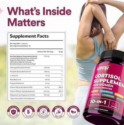 WIXAR Cortisol Supplements for Women with Ashwagandha, Magnesium, L-Theanine, Rhodiola Rosea - for High Cortisol Balanace Manager - for Sleep Support, Mood & Focus Supplement - 90 Capsules