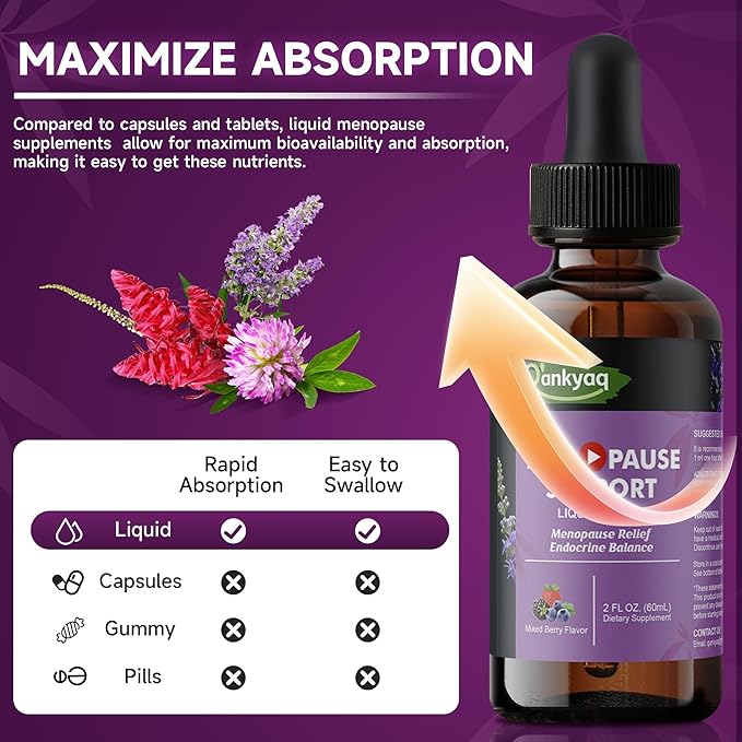 Q'ankyaq Menopause Support Liquid Drops with Ashwagandha, Red Clover, Black Cohosh, Chasteberry - Hot Flashes, Hormone Balance, Mood & Energy, Metabolism, 2 Fl Oz
