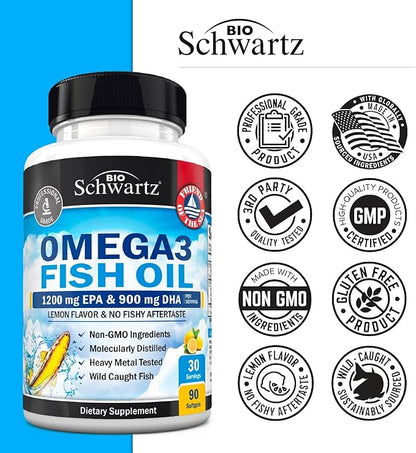 Triple Strength Omega 3 Fish Oil 3000mg - High Potency Omega 3 Supplement for Women and Men, Burpless Lemon Flavor Fish Oil - 2250mg Essential Fatty Acids with DHA & EPA, Wild Caught, 90 Softgels
