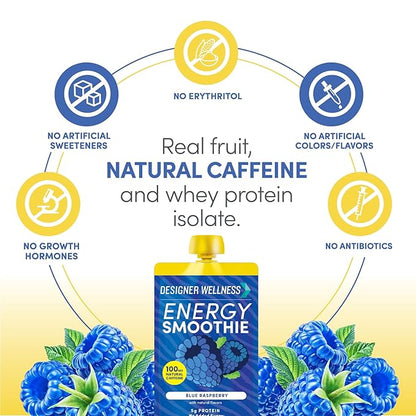 Designer Wellness Energy Smoothie, Real Fruit, 100mg Natural Caffeine, 5g Protein, Low Carb, Zero Added Sugar, Gluten-Free, Blue Raspberry, 12 Count