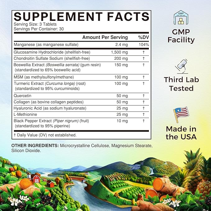 Vitalitown Glucosamine Chondroitin MSM | Collagen, Boswellia, Turmeric, Hyaluronic Acid, Bromelain | Triple Action+ Formula | 12 Ingredients | 90 Tablets, No Shellfish