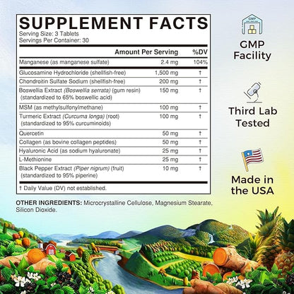 Vitalitown Glucosamine Chondroitin MSM | Collagen, Boswellia, Turmeric, Hyaluronic Acid, Bromelain | Triple Action+ Formula | 12 Ingredients | 90 Tablets, No Shellfish
