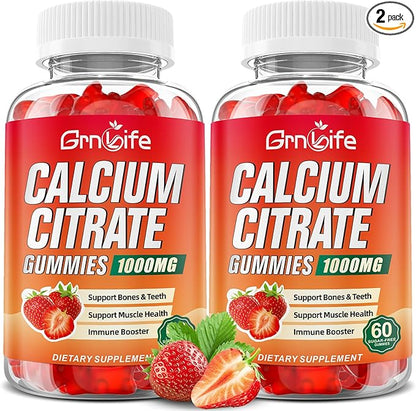 2 Pack Calcium Citrate Gummies, Sugar Free Calcium Citrate 1000mg for Muscle Healthy, Absorption Calcium Supplements for Adults & Kids, Strawberry, 120 Count