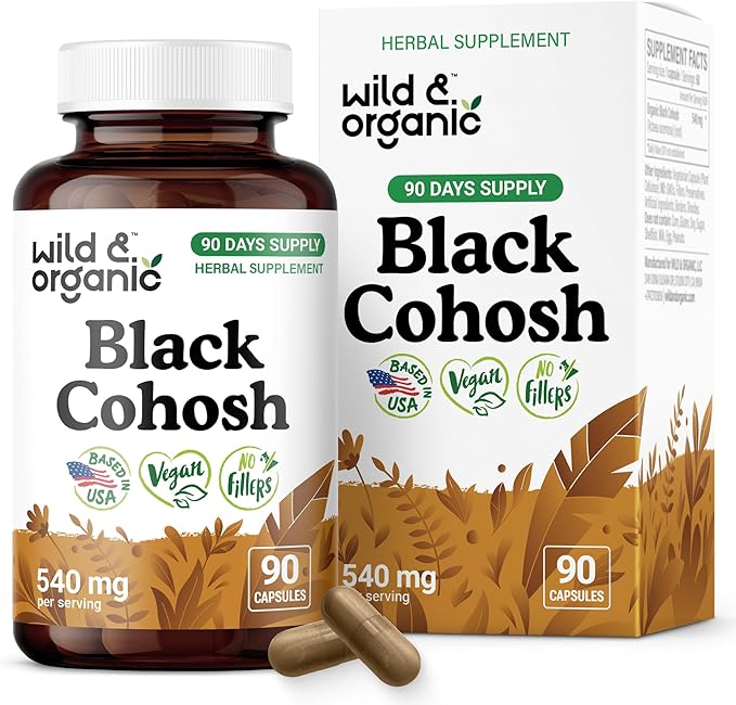 Wild & Organic Black Cohosh Capsules 540 mg - Menopause Supplements for Women - Black Cohosh for Women - Actaea Racemosa Herb - 90 Days of Supply - Vegan, No Fillers, Non-GMO - 90 Count