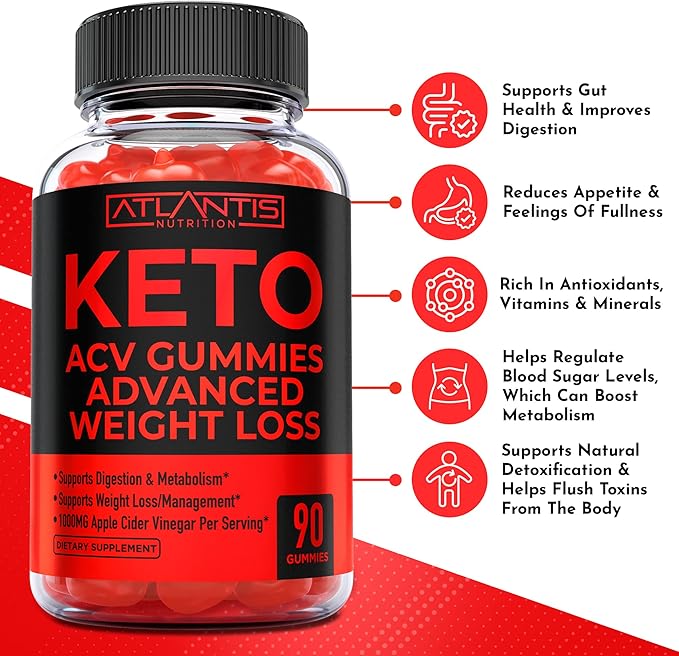 Atlantis Nutrition Keto ACV Gummies for Weight Loss - Supports Digestion, Weight Loss, Detox & Cleansing - Apple Cider Vinegar Gummies Formulated with 1000MG ACV Per Serving - 90 Count