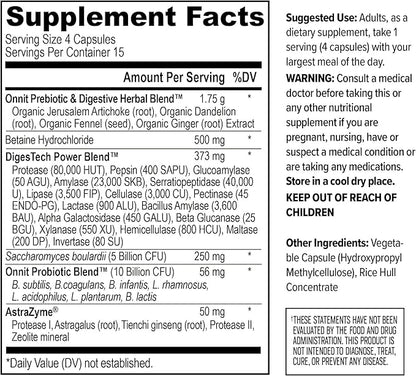 ONNIT Total Gut Health Daily Digestive Support, IGEN™ Non-GMO Tested Digestion Supplement for Women and Men with 7 Strains of Probiotics, Prebiotics, Enzymes and Betaine HCL, 60 Count