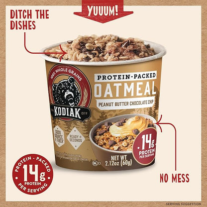 Kodiak Cakes Instant Oatmeal Cups, Peanut Butter Chocolate Chip, High Protein, 100% Whole Grains, (12 cups)