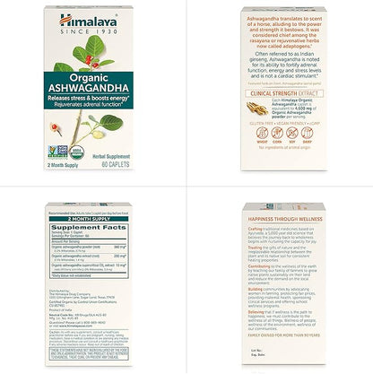 Himalaya Organic Ashwagandha Root, 120 Day Supply - Herbal Adrenal Support Supplements for Stress Relief and Energy Support - USDA Organic, Non-GMO, Vegan, Gluten Free, 60 Caplets, 2 Pack
