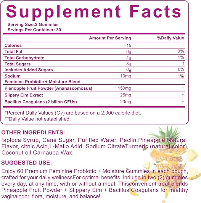 Slippery Kitty Gummies | her Juicy Feminine probiotics Gummies | Support pH Balance & Digestive Health, Slippery Elm for Women | 60 Count | Pineapple Flavor