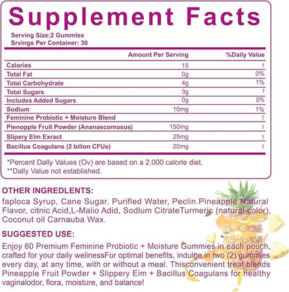 Slippery Kitty Gummies | her Juicy Feminine probiotics Gummies | Support pH Balance & Digestive Health, Slippery Elm for Women | 60 Count | Pineapple Flavor
