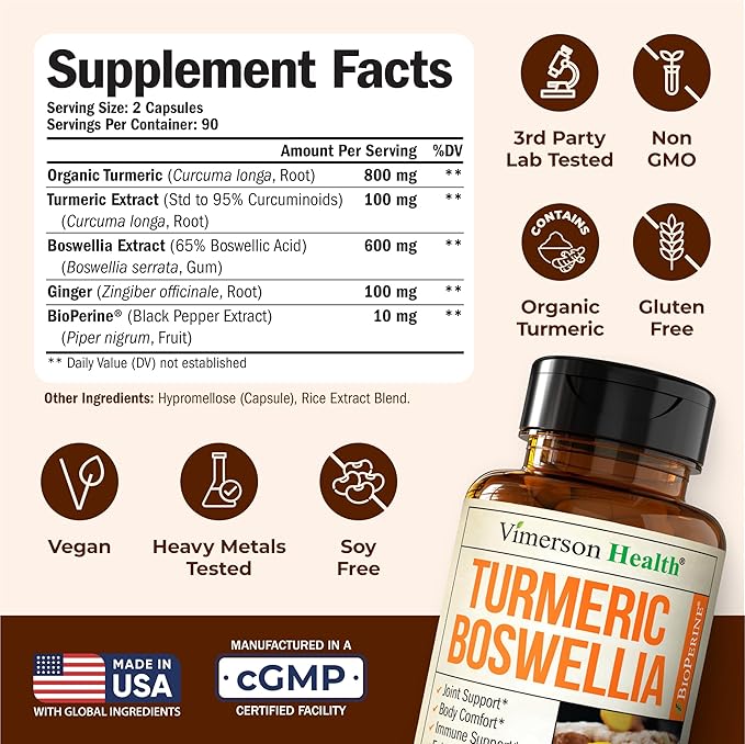 Boswellia Serrata Turmeric Supplement for Joint Support & Inflammation Balance – Turmeric Boswellia Supplement with Ginger & Black Pepper Extract for Enhanced Absorption – Non-GMO - 180 Capsules