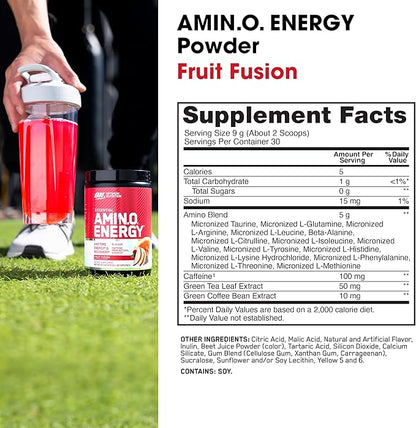 Optimum Nutrition Amino Energy - Pre Workout with Green Tea, BCAA, Amino Acids, Keto Friendly, Green Coffee Extract, Energy Powder - Fruit Fusion, 9.5 Ounce, 30 Servings (Packaging May Vary)