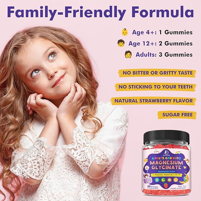 Magnesium Glycinate Gummies for Kids 4+ & Adults- Melatonin Free Sleep Aid, Magnesium Glycinate 150/300 mg Supplements for Calm & Relaxation Support, Sugar Free Strawberry Flavor, 120 Ct