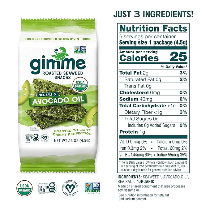 Gimme Seaweed Organic Premium Roasted Seaweed Snacks, Sea Salt & Avocado Oil, 6 Count, Keto, Vegan, Gluten-Free, Great Source of Omega3s and Iodine, Healthy On-The-Go Snack for Kids and Adults