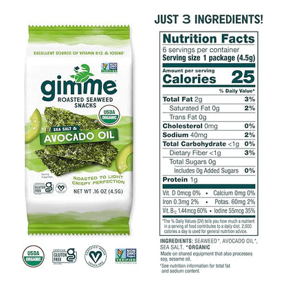 Gimme Seaweed Organic Premium Roasted Seaweed Snacks, Sea Salt & Avocado Oil, 6 Count, Keto, Vegan, Gluten-Free, Great Source of Omega3s and Iodine, Healthy On-The-Go Snack for Kids and Adults
