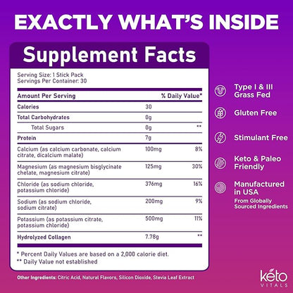 Keto Vitals Collagen Powder for Women Plus Electrolytes - 30 Travel Packets - 7.78G of Type I & III Grass Fed Hydrolyzed Collagen Peptides Protein Per Stick - Colageno Hidrolizado for Women