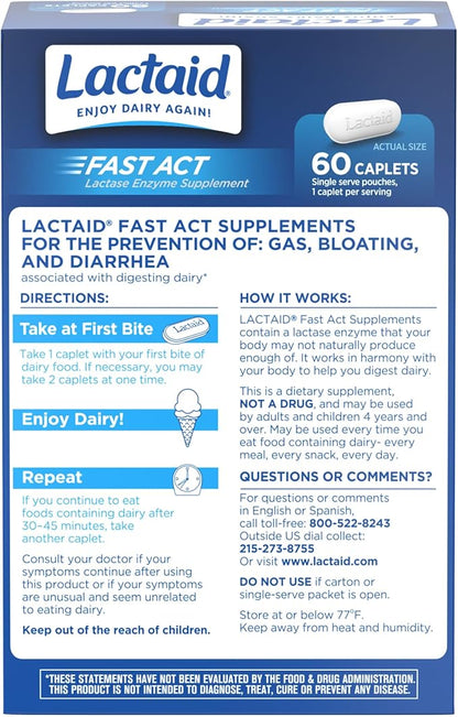 Lactaid Fast Act Lactose Intolerance Relief Caplets, Lactase Enzyme to Prevent Gas, Bloating and Diarrhea Due to Lactose Sensitivity, Single-Serve Supplements for Travel and On-The-Go, 60 Count