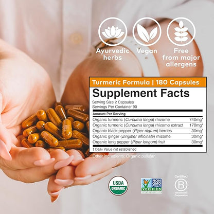 ORGANIC INDIA Turmeric Curcumin Herbal Supplement - Joint Mobility & Immune Support, Healthy Inflammatory Response, Whole Root Supplement, Trikatu, USDA Certified Organic, Non-GMO - 180 Capsules