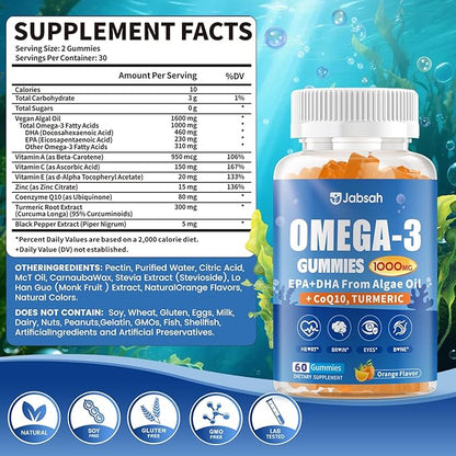 Vegan Omega-3 Gummies 1000mg from Algae Oil (DHA 460mg & EPA 230mg), Omega 3 Fish Oil Alternative for Adults, Plus Turmeric & CoQ10 for Brain, Eye & Immune Health, No Fishy Taste, Sugar Free, 60 Cts