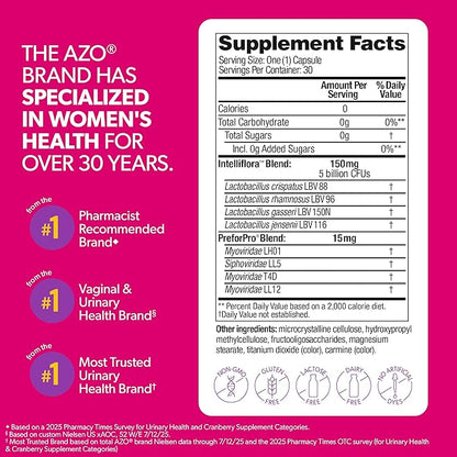 AZO Dual Protection, Urinary + Vaginal Support, Prebiotics and Probiotics for Women*, Starts Working Within 24 Hours, Non-GMO, 30 Count