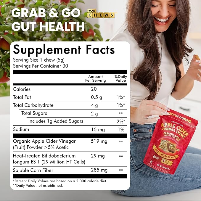 YouChews Apple Cider Vinegar Chews – 500 Mg Organic Apple Cider Vinegar Gummies with Prebiotics & Postbiotics | Gut Balance Support | Low Sugar Apple Cider Gummies | Caramel Flavor | 30 Chews Pack