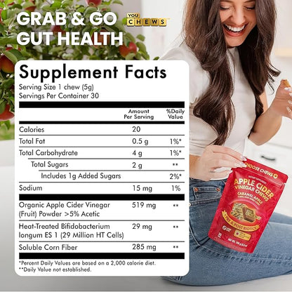 YouChews Apple Cider Vinegar Chews – 500 Mg Organic Apple Cider Vinegar Gummies with Prebiotics & Postbiotics | Gut Balance Support | Low Sugar Apple Cider Gummies | Caramel Flavor | 30 Chews Pack