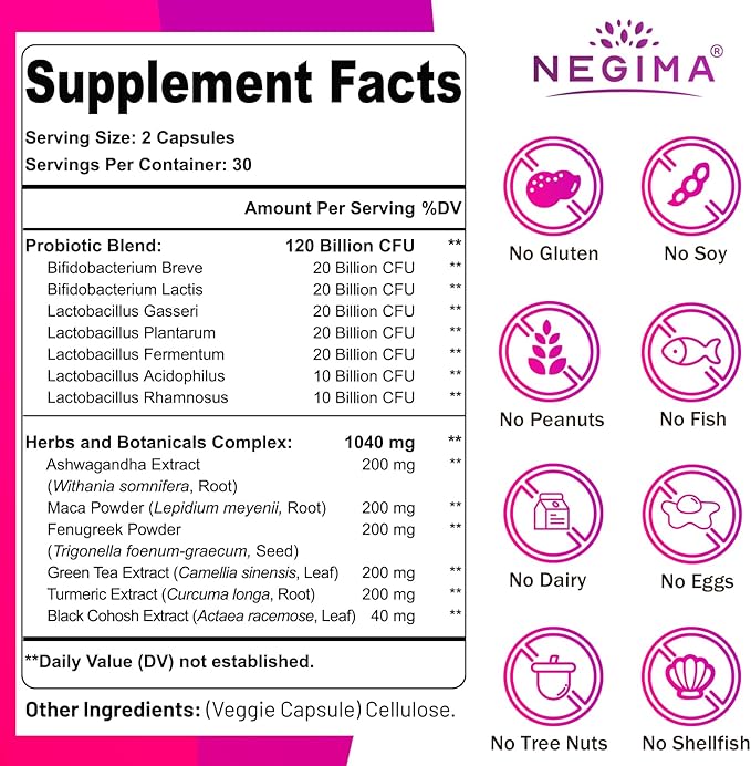 Negima Menopause Supplements for Women, 120 Billion CFUs Probiotics for Women, 13-in-1 Herbs & Botanicals Complex, for Menopause - 60 Caps