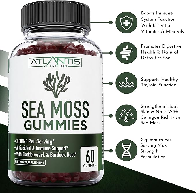 Irish Sea Moss Gummies - 3000MG - Formulated w/ Irish Sea Moss, Bladderwrack & Burdock Root, Contain Essential Vitamin & Mineral - Antioxidant-Rich Superfood Supplement, 60 Sea Moss Gummies for Adults