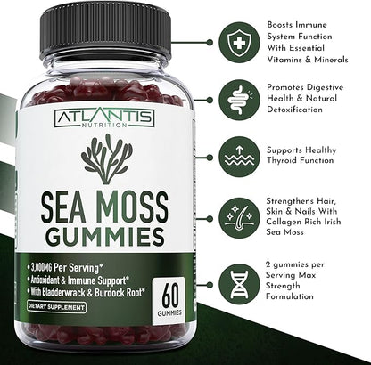 Irish Sea Moss Gummies - 3000MG - Formulated w/ Irish Sea Moss, Bladderwrack & Burdock Root, Contain Essential Vitamin & Mineral - Antioxidant-Rich Superfood Supplement, 60 Sea Moss Gummies for Adults