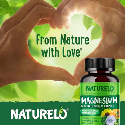 NATURELO Magnesium Glycinate Chelate Complex - 200 mg Magnesium with Organic Vegetables to Support Sleep, Calm, Muscle Cramp & Stress Relief - Gluten Free, Non GMO - 120 Capsules