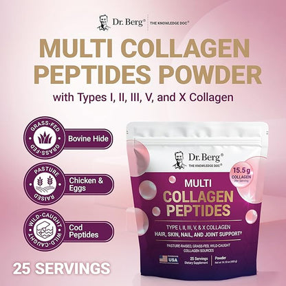 Dr. Berg Multi Collagen Peptides Powder Types I, II, III, V, X - Unflavored Collagen Powder w/ 14 g of Protein - Grass-Fed, Pasture-Raised & Wild-Caught Collagen Sources - 25 Servings
