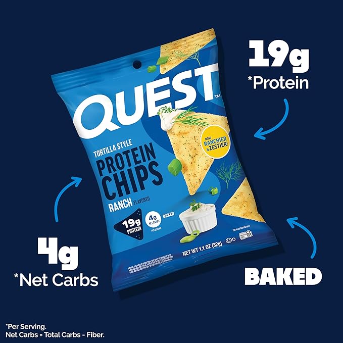 Quest Nutrition Ranch Tortilla Style Protein Chips, 19g Protein, 4g Net Carb, High Protein, Low Carb, Gluten Free, 1.1 Ounce (Pack of 12)