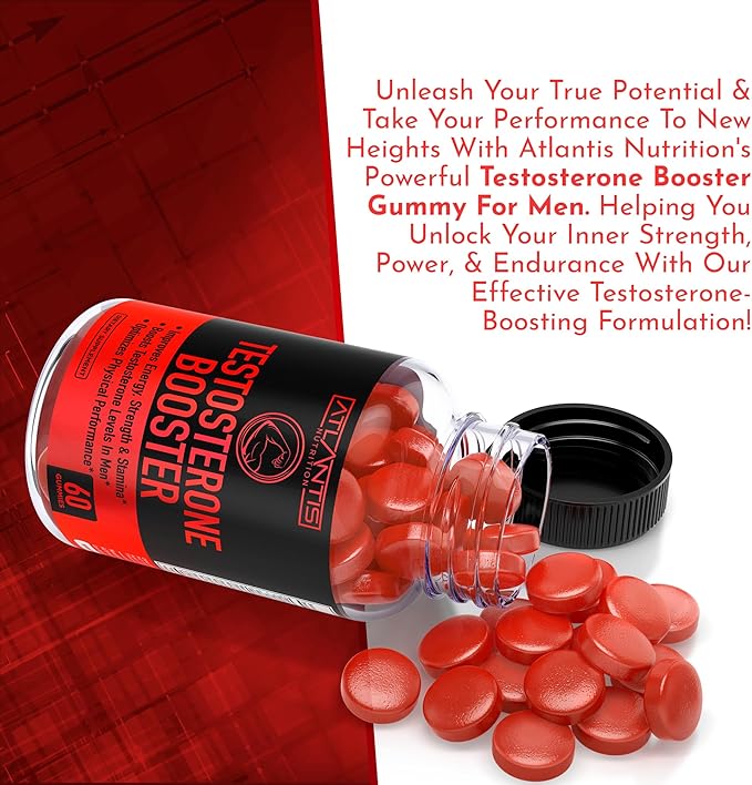 Atlantis Nutrition Testosterone Booster Gummies For Men - Enhances Strength & Stamina - Optimizes Performance & Male Enhancement - Tribulus, Goat Weed Extract, Maca Root Extract | 2-Pack (120 Gummies)
